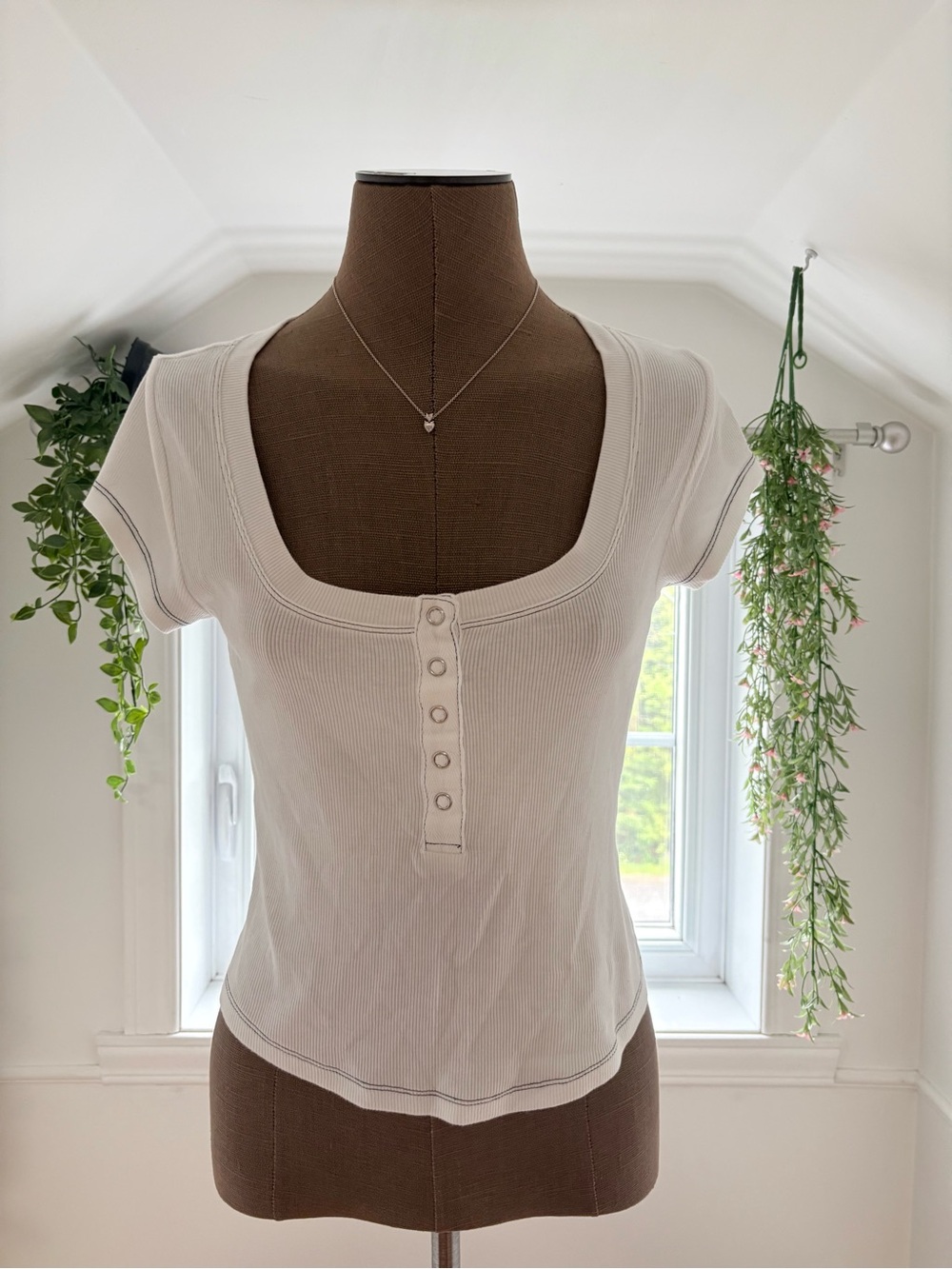 Pilcro Scoop-Neck Henley Tee in Cream